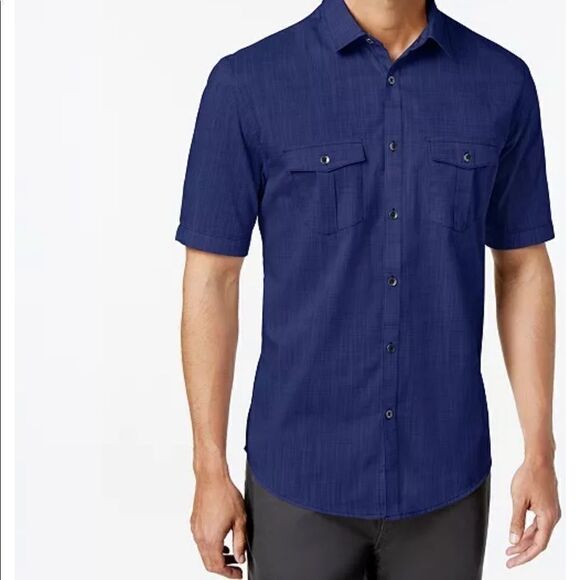 NWOT Alfani Regular Fit Blue Short Sleeve Button Down M Shirt Casual - Picture 11 of 11